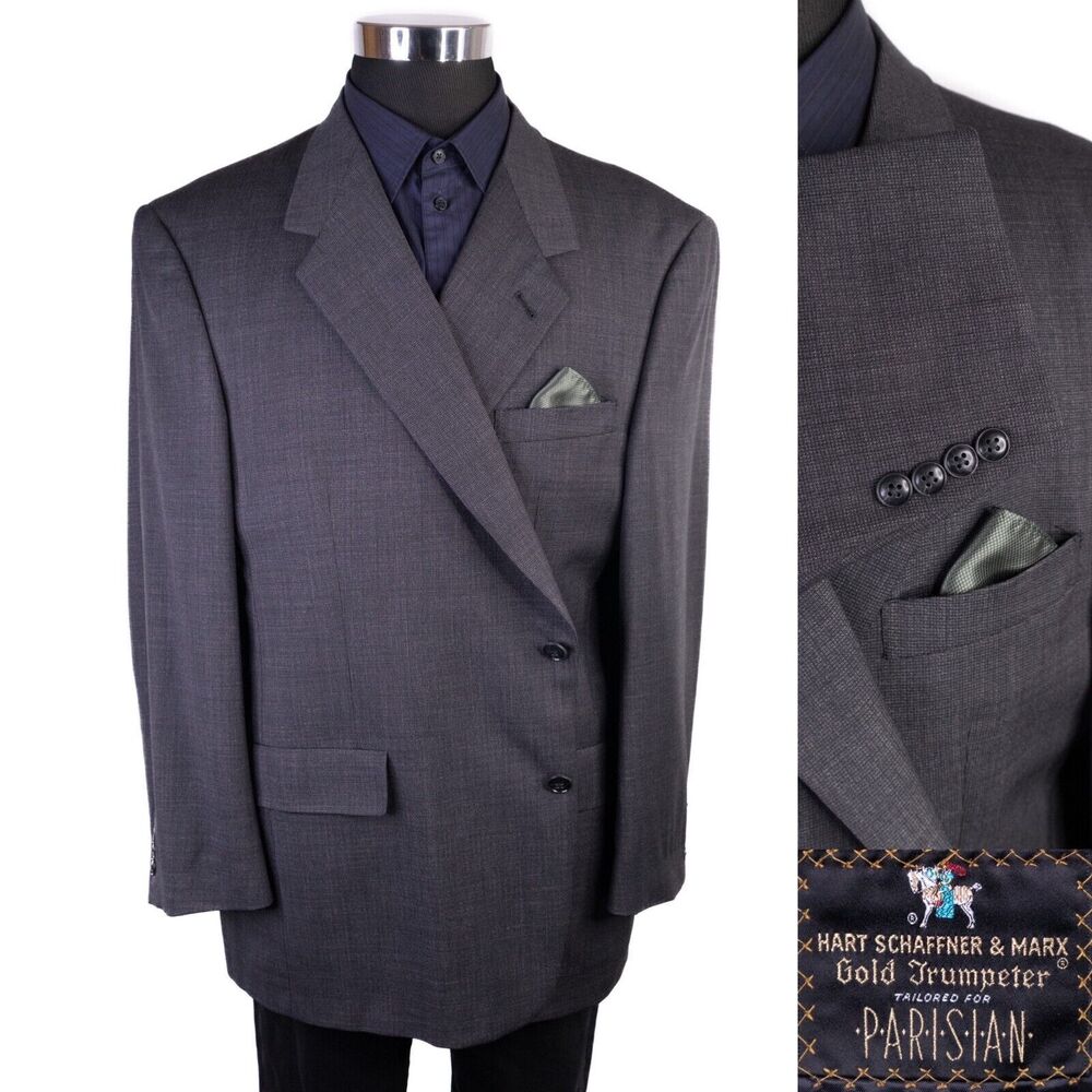 HART SCHAFFNER & MARX GOLD TRUMPETER Gray Wool 2 Button Sport Coat Jacket Sz 48R